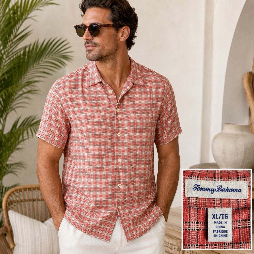 Tommy Bahama Men’s XL 100% Silk Short Sleeve Button Up Camp Shirt Red Geometric